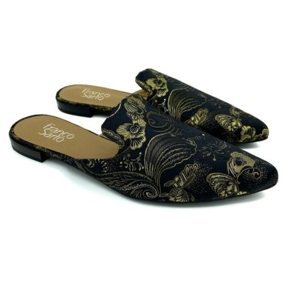 Franco Sarto Russo Brocade Mules Tapestry Slide Flat Pointed Toe Shoe Black Gold - Picture 1 of 7